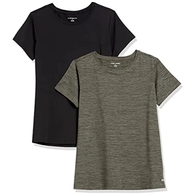 Bild av Amazon Essentials Dames Tech stretchig kortärmad T shirt med rund hals (finns i plusstorlek), 2 Pack, Olivgrön Rymdfärg/Svart, XXL