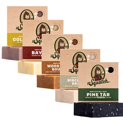 Bild av Dr. Squatch All Natural Soap Bar for Men, 5 Variety Pack Bay Rum, Birchwood Breeze, Gold Moss, Pine Tar, Wood Barrel Bourbon