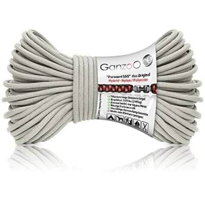 Bild av Ganzoo Paracord 550 rep grå, 4 mm, typ 3, nylonpolyester, hybrid, armband, hundkoppel, hundhalsband, ca 250 kg brottsbelastning, utomhusrep, campingsnöre, universalrep, 30 meter