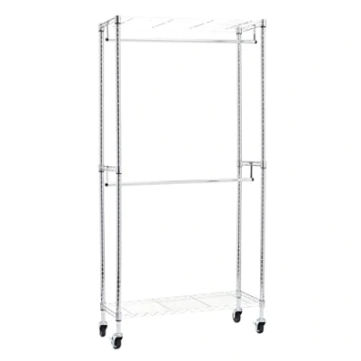 Bild av Amazon Basics dubbel klädstång öppen med hjul och höjdjusterbara hyllor maximal vikt 181 kg, kromfärger, 91 cm L x 35,5 B 183 H