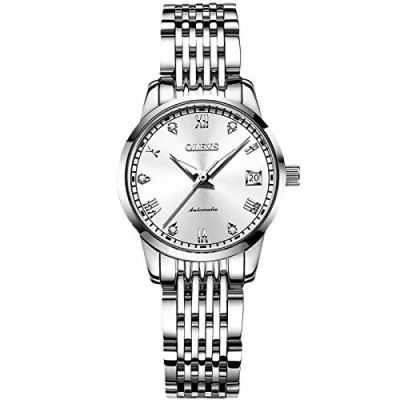 Bild av RORIOS Kvinnors automatiska uppdragare lysande klocka romerska siffror rostfritt stål armband mode vattentät mekanisk klocka, Silver b, armband,