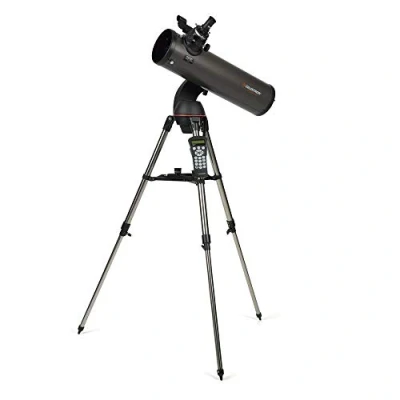 Bild av Celestron 31145 NexStar 130SLT portabelt datorstyrt Newton reflektorteleskop med gaffelarmsfäste snabbkoppling, tillbehörsfack och programmet Starry Night Special Edition, grå