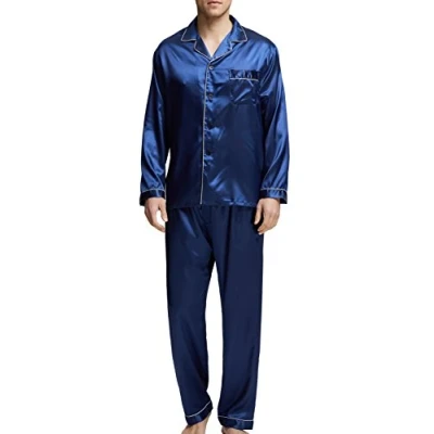 Bild av Sovkläder satin pyjamas set nattkläder myskläder, Blå med vita rörledningar, L