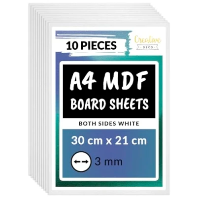 Bild av Creative Deco VIT 10 x A4 MDF Skiva Dubbelsidig 300 210 3 mm Perfekt för Laserskärning, CNC router, Modellering, Bandverk, Rullsåg FRAM BAK