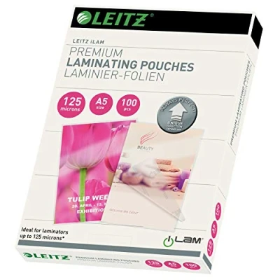 Bild av Leitz Varmlamineringsfolier A5 125 mic, lamineringsfilmer i premiumkvalitet 100 pack, glänsande, transparent, förenklad insättning tack vare UDT, iLAM, 7493000
