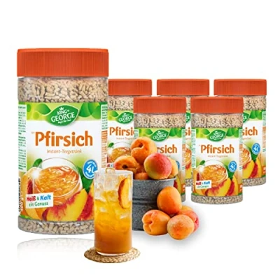 Bild av KING GEORGE Royal Tea Time, persika snabbdryck 6 x 400 g, varmt och kallt en njutning, omedelbar te dryck med persikosmak, resulterar i upp till 4 l, svart teextrakt