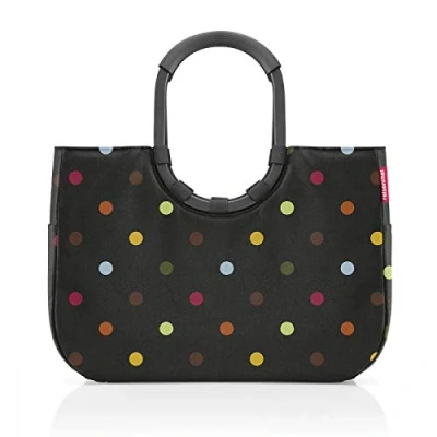 Bild av reisenthel loopshopper L i prickar, svart ram robust Väska med praktiska fack av återvunna PET flaskor charmig och vattenavvisande design, Ramprickar, 46x34,50x25cm,
