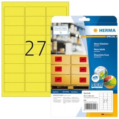 Bild av HERMA 5140 neonetiketter A4 (63,5 x 29,6 mm, 20 ark, papper, matt) självhäftande, utskrivbara, permanenta färgade etiketter, 540 klistermärken, neon gul