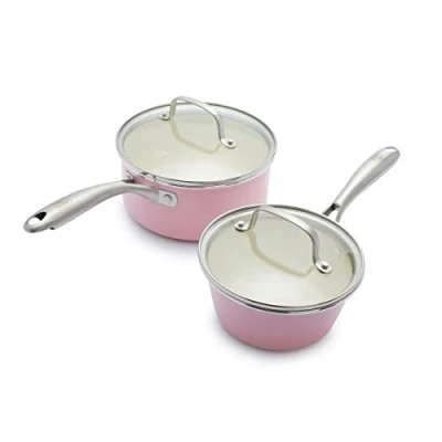 Bild av GreenLife Artizan hälsosam keramisk non stick beläggning 14 cm/1 L &amp; 18 cm/2 kastrull set, PFAS fri, induktionssäker, diskmaskinssäker, ugnssäker, rosa