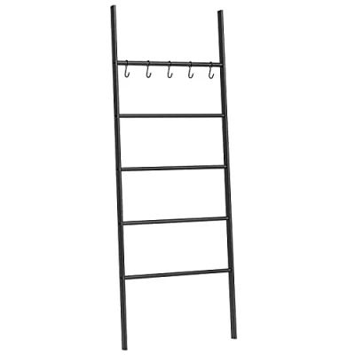 Bild av HOOBRO Handduksstege, steghylla, handduksställ med 5 avtagbara krokar, stabil, utrymmesbesparande, för ingång, arbetsrum, sovrum, enkel installation, svart EBK62CJ01