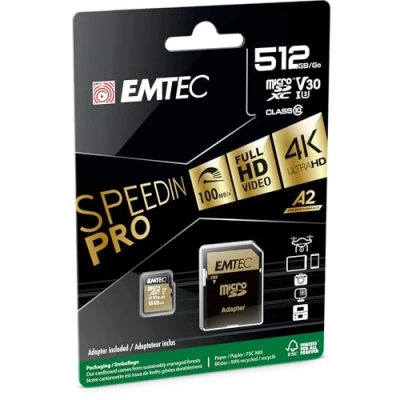 Bild av Emtec UHS I U3 V30 A1 microSD kort 512 GB, 256 GB ECMSDM256GXC10SP Speedin Range med adapter läs och skrivhastighet upp till 100 MB/s, MB/s svart/guld