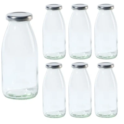 Bild av Vitrea 6 tomma glasflaskor, 250 ml, skruvlock, silver mjölkflaskor, juiceflaskor, små flaskor att fylla med lock för mjölk, juice, smoothies, olja stycken, TO43, Hansa