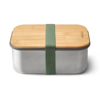 Bild av Svart + BLUM rostfritt stål smörgåslåda oliv 1,25 l burk av med lock silikonskiljevägg och silikonband bambulock/skärbräda lunchlåda vuxna BPA fri Bentolåda