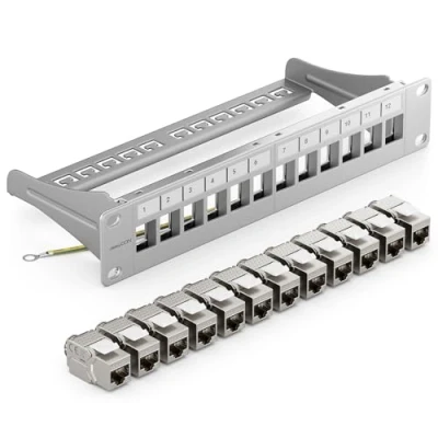 Bild av deleyCON 12 Portar Patchpanel Set Modulärt 1 U 10&quot; Tum Rackinstallation + 12x RJ45 Keystone Moduler CAT6a Kompatibel med CAT5 CAT6 CAT7 LAN Nätverkskabel Installationskabel Grå