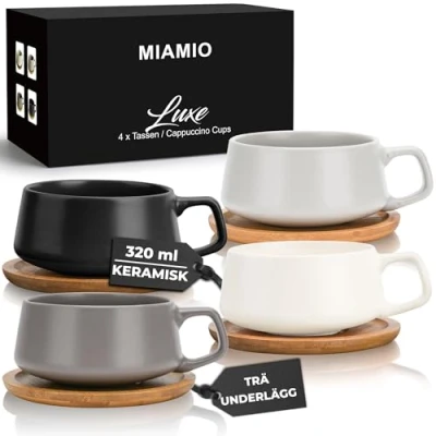 Bild av MIAMIO 320 ml, set med 4 keramiska tekoppar och tefat bambu/tekopp bred cappuccinokopp, kaffekoppar keramisk mugg för cappuccino, latte, espresso amerano lyxig samling (klassisk pastell)