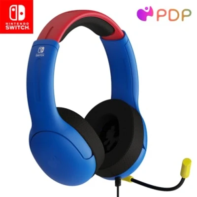 Bild av PDP Gaming AIRLITE Stereo Headset med Mic for Nintendo Switch, PC, iPad, Mac, Laptop Compatible, Noise Cancelling mikrofon, Lightweight, Soft Comfort On Ear hörlurars, Röd och blå