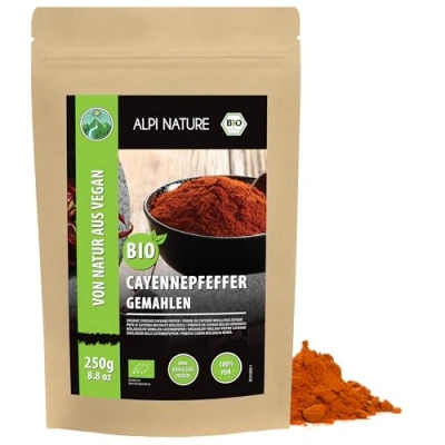 Bild av ekologisk cayenne peppar mald (250 g), cayennepeppar, cayennepepparpulver, från kontrollerad odling, chili 100 % naturlig, utan tillsatser