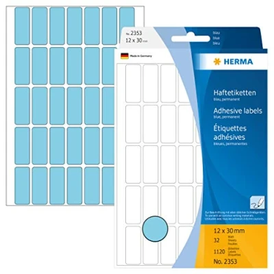 Bild av HERMA 2353 multifunktionsetiketter mini (12 x 30 mm, 32 ark, papper, matt) självhäftande, permanenta hushållsetiketter för handskriven märkning, 1 120 klistermärken, blå
