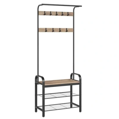 Bild av VASAGLE Klädställ, klädstativ med skoförvaringsbänk, 4 i 1 design, 9 avtagbara krokar, en klädskena, för hall, ingång, 34 x 72 183 cm, industriell, kamelbrun och bläck svart HSR040K02