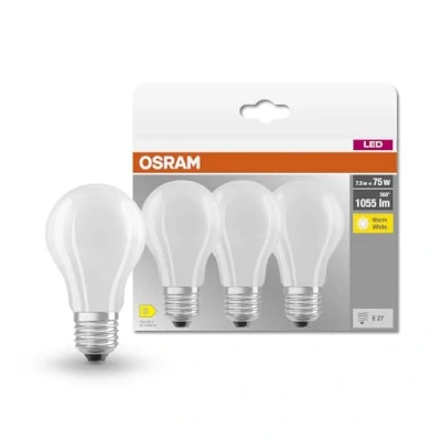 Bild av OSRAM LED BASE Classic A75, frostat filament lampor av glas för E27 sockel, glödlampsform, varmvitt (2700K), 1055 lumen, ersätter konventionella 75W lampor, låda med 3 st.