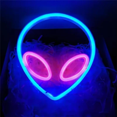 Bild av NIWWIN Alien neonskyltar utomjording neonljus konst hängande lampor, neondekoration för jul födelsedagsfest sovrum vägg och barngåvor. Blå rosa neon, drivs med batteri eller USB
