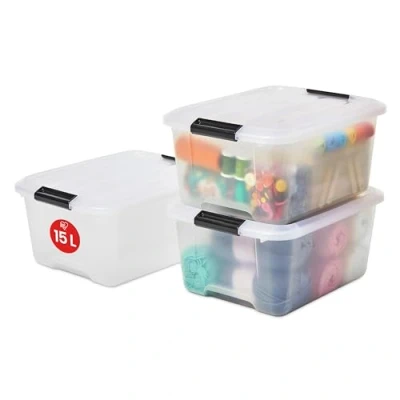 Bild av Iris Ohyama, PlastFörvaringsLådor med lock och stängningsklämmor, 15L, Set 3, Integrerade handtag, Stapelbar, BPA fri, Sovrum, Kontor, Vardagsrum, TB 15, Klar
