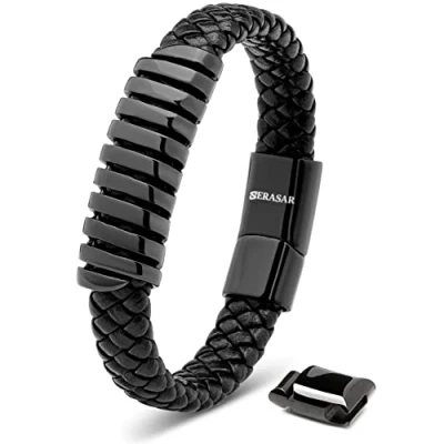 Bild av SERASAR Läderarmband för Män 23cm Flätat Svart Armband Pojkarmband Hanarmband Smyckepresentidé Jubileumspresenter Present till Make, Pojkvän, Vänner
