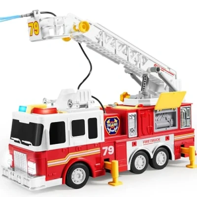 Bild av JOYIN Stor brandbil leksak från 2 3 4 år, med 83 cm stege, leksaksbil, brandbil, eektriska knappar, ljus, sirener, vridbar slangtrumma och avtagbar vattenpump