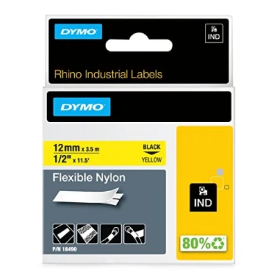 Bild av Industriella, flexibla DYMO Rhino nylonetiketter 12 mm x 3,5 m Svart text på gul tejp Självhäftande För och LabelManager etikettskrivare