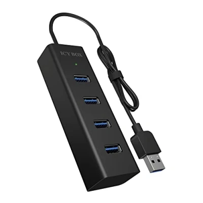 Bild av Icy Box IB HUB1409 U3 4 vägs USB hubb (Type A anslutning) med x 3.0 kontakter, integrerad kabel (40 cm), aluminium, svart