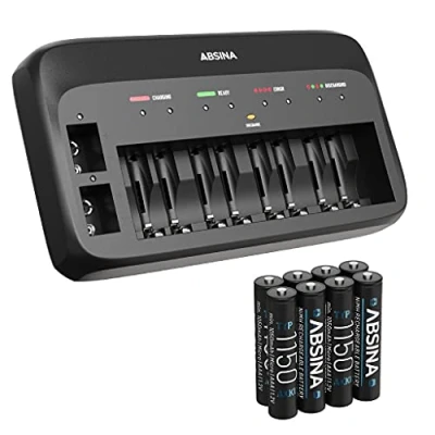 Bild av ABSINA batteriladdare X10 för AA, AAA &amp; 9 V inkl. 8 x 1150 batterier NiMH laddare 10 fack uppladdningsbara Micro AAA, Mignon AA blockbatterier