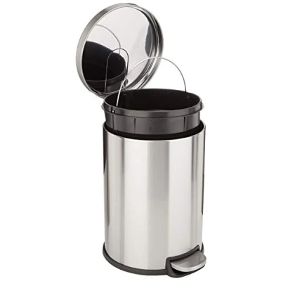 Bild av Amazon basics 20 l papperskorg med rörpedal försiktigt stängande lock, för kök, badrum eller kontor, 5,3 gallon cylindrisk, borstat rostfritt stål