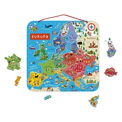 Bild av Janod magnetiskt pussel europeisk karta Pedagogiskt träpussel för lärande av geografi resa med 40 magneter att hänga på väggen Italiensk version Från 7 år, J05475
