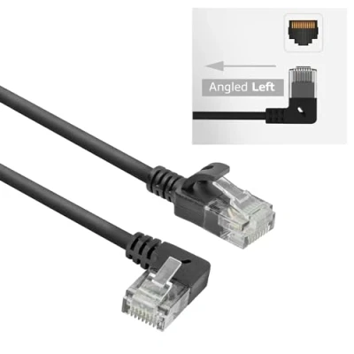 Bild av ACT CAT6A nätverkskabel 90 vinklad till vänster, U/UTP LSZH LAN kabel tunn 3,6 mm slimline, flexibel ethernet med RJ45 kontakt, för användning i datacenter, 5 meter, vänster DC1905