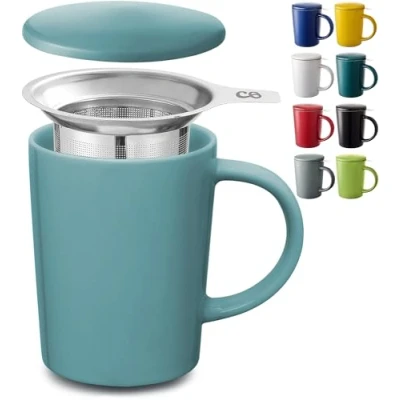 Bild av Cosumy Te kopp med sil och lock Gul keramik håller sig varm länge 400 ml stor diskmaskinssäker (Aqua Blå)