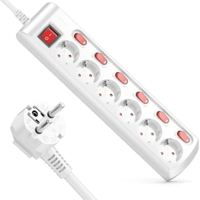 Bild av deleyCON Strömavtagare med 6 Fack Individuellt Omkopplingsbar 1,4m Kabel (6x På/Av Strömbrytare och 1x Huvudströmbrytare) Strömförsörjning Grenuttag Uttag för Flera Vit