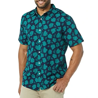 Bild av Amazon Essentials mäns Slim Fit kortärmad poplin skjorta, marinblå blågrön grön palmblad tryck, Large