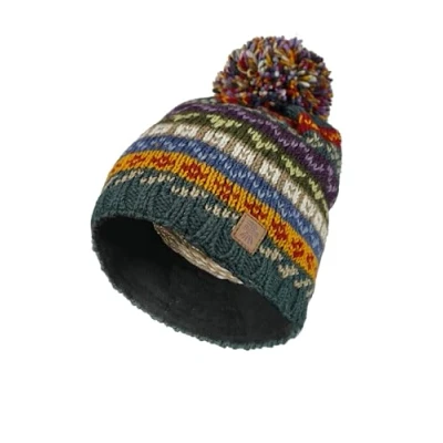 Bild av Pachamama kvinnor ullmössa mössa tofs fleece fodrad unik handstickad Fair Isle flerfärgad en storlek handgjord extra varm rättvis handel, Grön, blå, röd, gul, benvit, one size