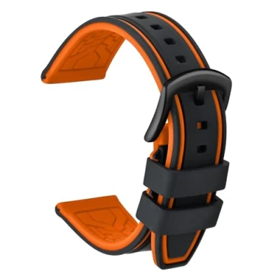 Bild av ULLCHRO silikon klockarmband ersättning gummi vattentät tvåfärgad män kvinnor 20, 22, 24, 26 mm med borstat rostfritt stål spänne svart, Svart och orange, 24mm, armband