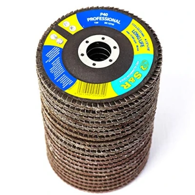 Bild av S&amp;R Flikskivor 20 st, 115 x 22,23 mm, PRO ALUMINIUM OXID, T29, lamellrondellsats, lamellhjul, slipskivor för trä och metall, 5x kornstorlek P40/60/80/120 per styck