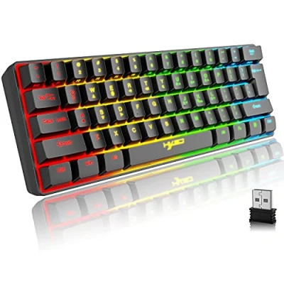 Bild av Gaming Tangentbord Trådlöst, 61 Tangenter Bluetooth 5.0 + 2.4G Dual Mode Rainbow Bakgrundsbelyst Ergonomiskt Tyst 60% med Uppladdningsbart Batteri för Windows Mac PC PS4 Gamer, Svart