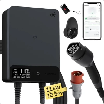 Bild av dé Elbil Laddare 11kW [6 16A, 3 fas] EV med 12m Typ 2 kabel, RFID, RCD B skydd och IP54, Wallbox Kompatibel Model Y/3, ID.3/4/5, MG4, EX30, andra BEV/PHEV