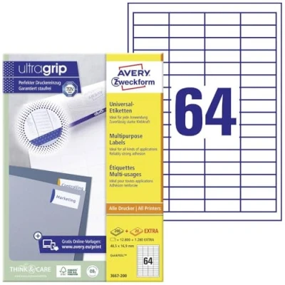 Bild av AVERY Zweckform 3667200 universella etiketter (12 800 plus 1 280 självhäftande extra, 48,5 x 16,9 mm på A4, matt papper, individuellt tryckbart, klistermärken med ultragrepp)