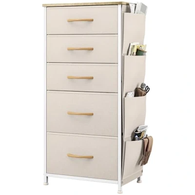 Bild av YITAHOME Byrå med sidofickor och krokar, tyg 5 lådor handtag, metallram, trätopp, för sovrum, vardagsrum, barnkammare, hall, beige