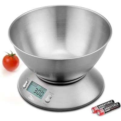 Bild av Uten köksvåg digital våg professionell elektronisk våg, 5 kg x 1 g tillverkad av 304 rostfritt stål tarafunktion med LCD display skal och timer