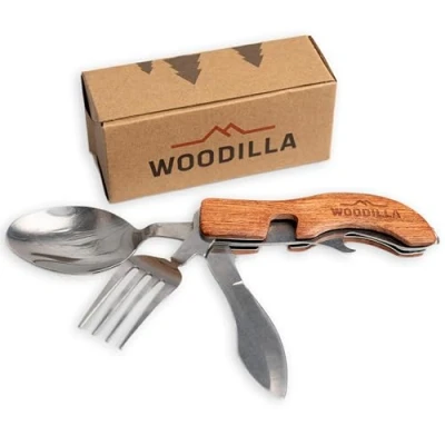 Bild av Utomhus campingbestick från Woodilla fällbart bestick, av rostfritt stål och trä, kniv, gaffel, sked, flasköppnare, 4 delat bestickset