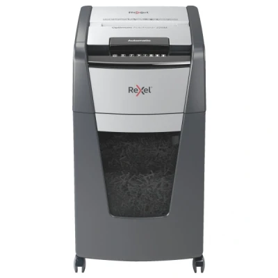 Bild av Rexel Optimum Auto Feed+ 225 Ark Automatisk Dokumentförstörare Micro Cut på Hjul, P5 Säkerhetsklass, mindre Kontor, 60 Liter, 2020225M