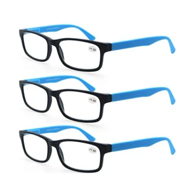 Bild av MODFANS läsglasögon 1,5 män kvinnor 3 pack, rektangulära klara linser bekväma vårgångjärn glasögon, snygga lätta plastläsare med påse (3 blå)
