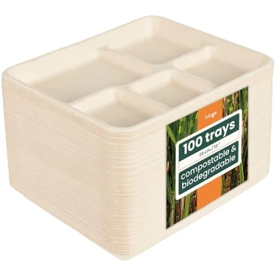 Bild av HAAGO 100 pack fackplattor sockerkäppsväska 5 fack matbrickor, 21 x 26 cm biologiskt nedbrytbar och komposterbar perfekta festtallrikar för utomhusevenemang skolor engångstallrikar varm