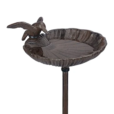 Bild av Relaxdays Fågelbad för anslutning, vattenskål med fågel, frostsäker, trädgårdsplugg, 100 cm hög, gjutjärn, brun